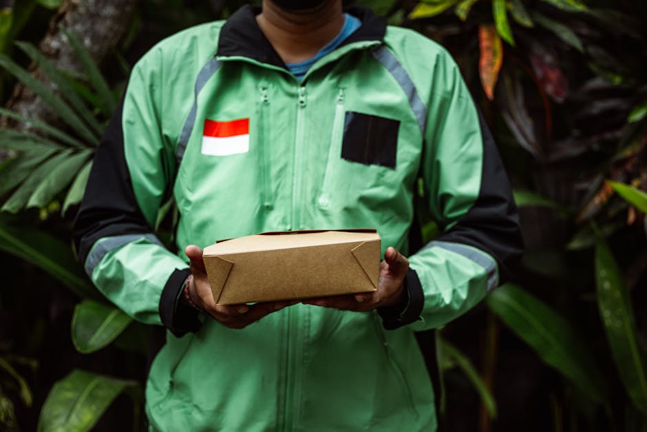 A person dressed in a green and black courier jacket with a red and white flag patch on the left chest area, is holding a rectangular cardboard delivery box with both hands. The background features lu