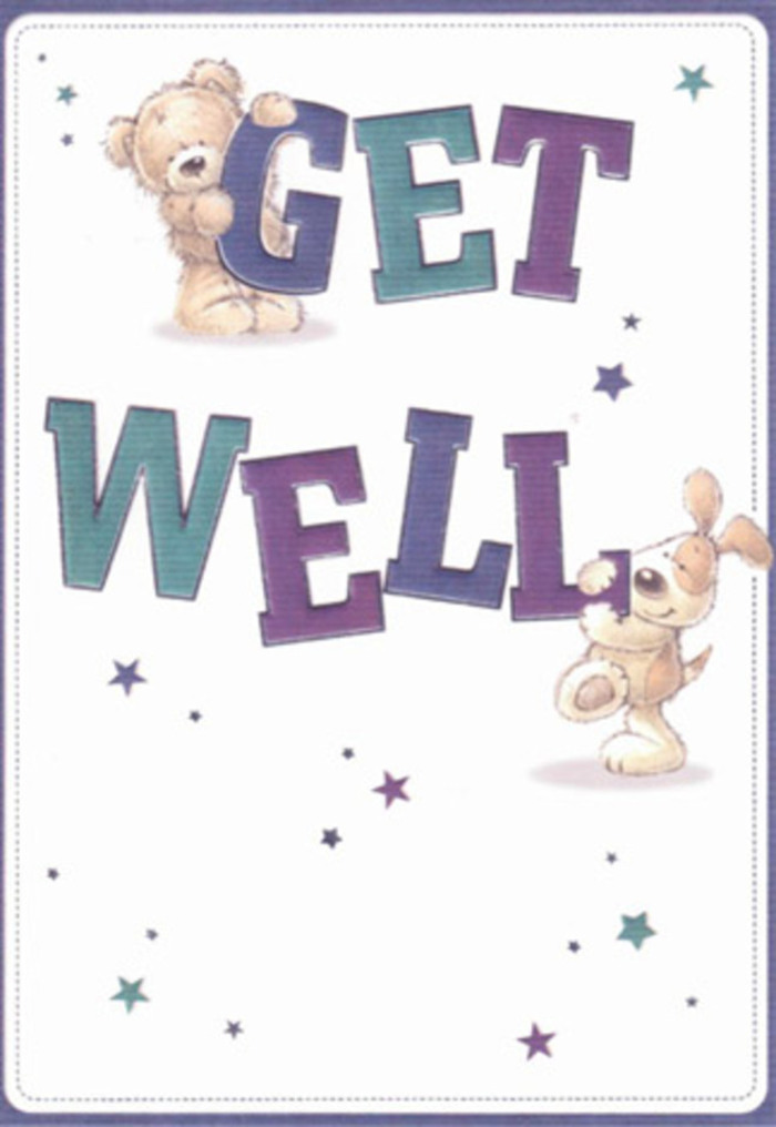 This get well card, reminiscent of a gentle walk along the paths of Enfield Town Park, unfolds as a portrait of kindness and hope. At its center, a bright-eyed teddy bear with downy, golden brown fur sits nestled beside a playful, floppy-eared puppy whose soft, sandy coat radiates comfort and cheer. Both are pictured mid-action, as if pausing to exchange well wishes, with the bear lifting the 'GET' and the puppy supporting 'WELL'-the letters rendered in lush, deep shades of purple and teal, their joyful bounce imbued with the lively spirit of a freshly gathered bouquet. Above and around the friends, whimsical stars sparkle in hues of sapphire, lavender, and turquoise against a spotlessly clean background, conveying hope as clear and uplifting as morning light on Baker Street. Touches of texture-fluffy fur, velvety ears, glossy letters-add tactile richness that almost invites a gentle touch. Sending this card feels akin to placing a bright cluster of anemones and tulips in a vase for a loved one recuperating at home; both gestures spill over with encouragement, warmth, and a sense of belonging that ties together the heart of Enfield Town.